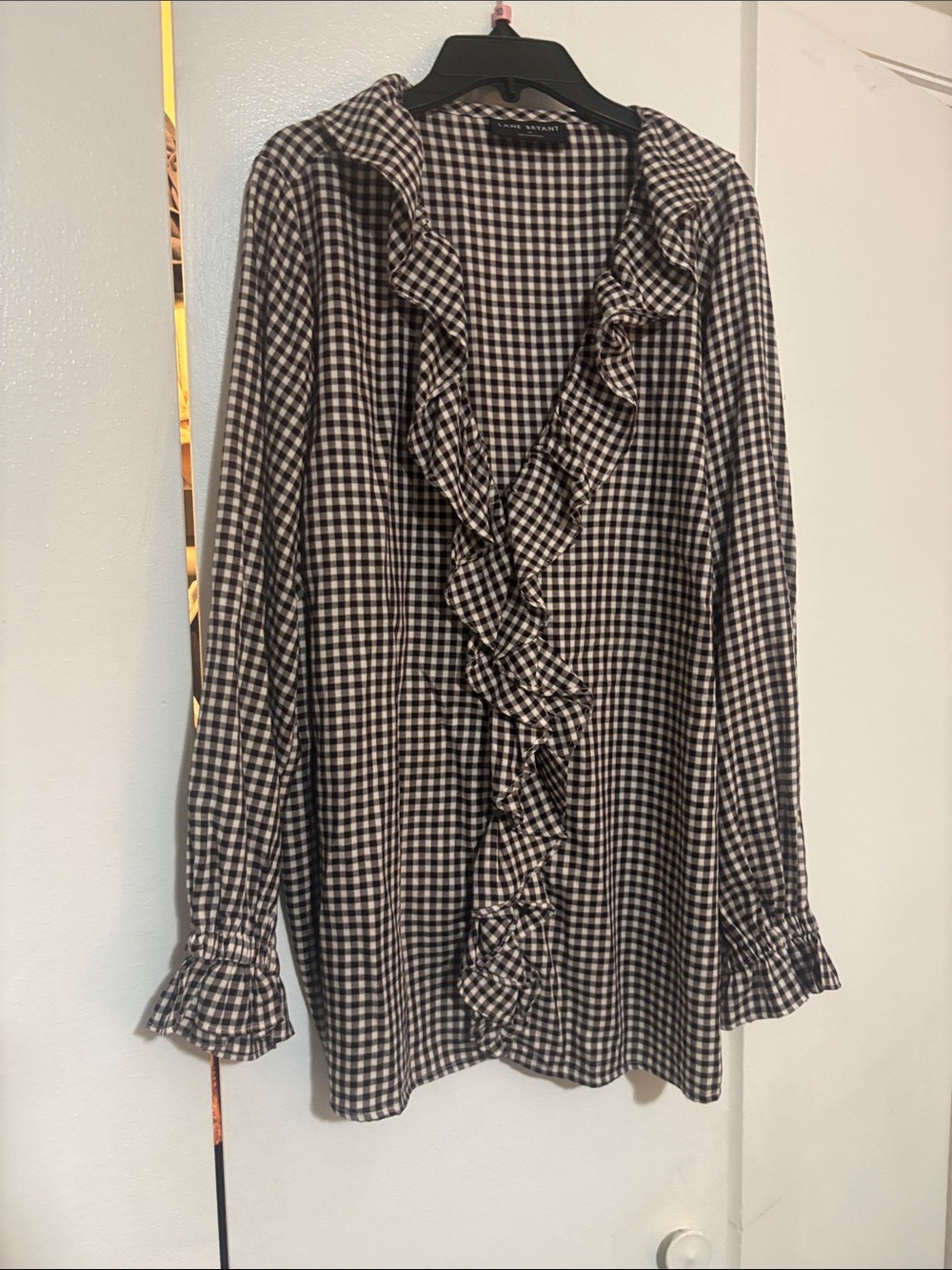Lane Bryant Black & White Gingham Ruffle Front Blouse